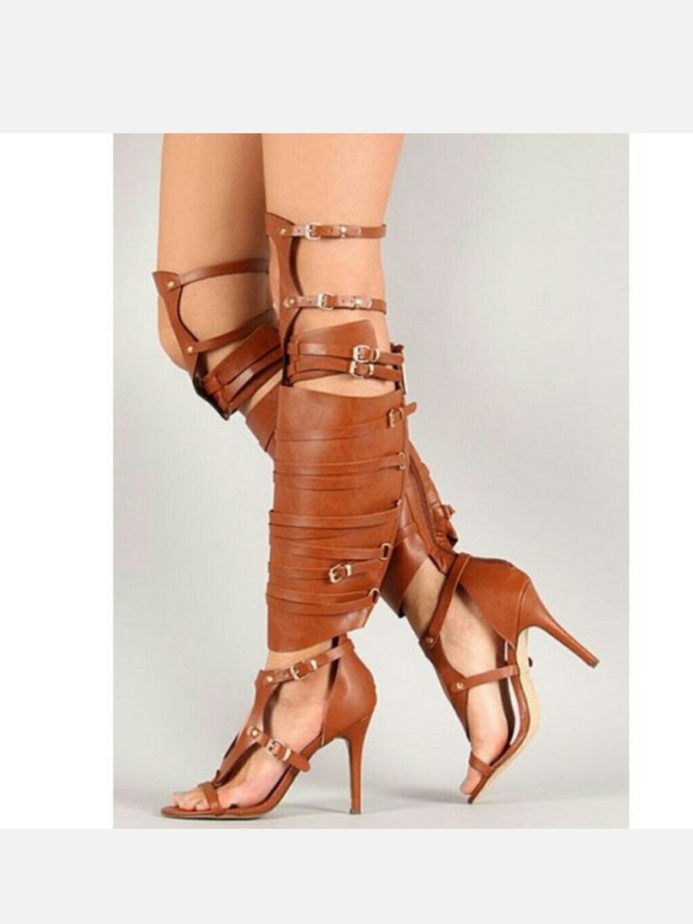 Strappy Knee-High Tan Gladiator Stiletto Sandals